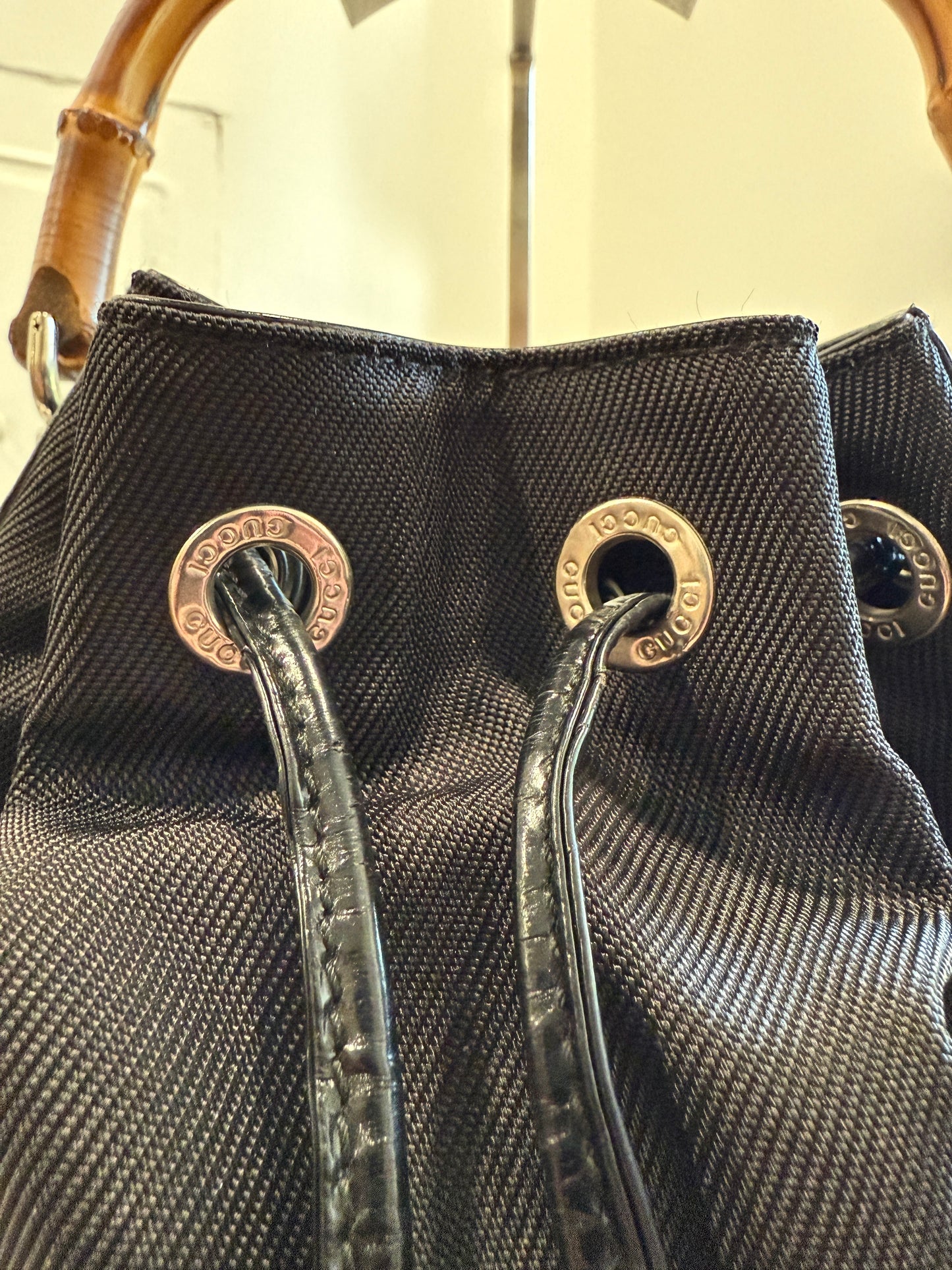 Black Gucci Bucket Bamboo Handbag