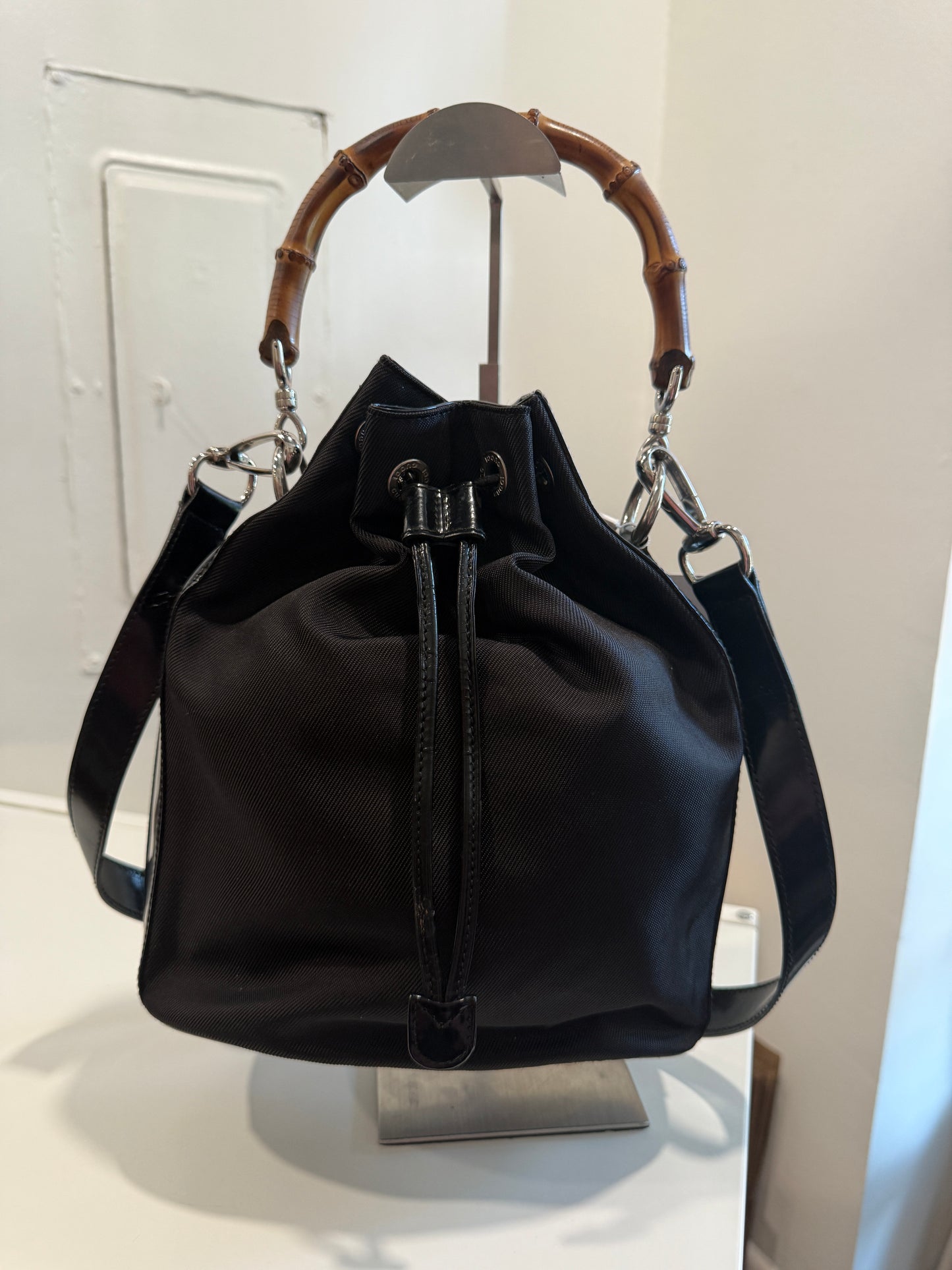 Black Gucci Bucket Bamboo Handbag