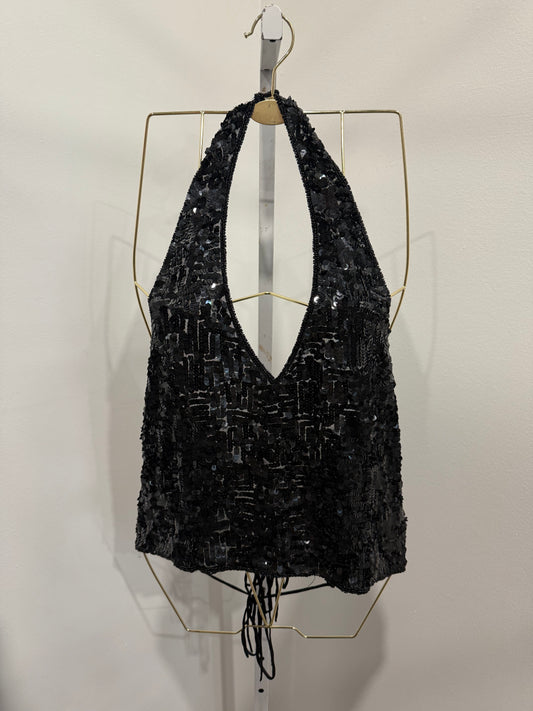 Black sequined halter top