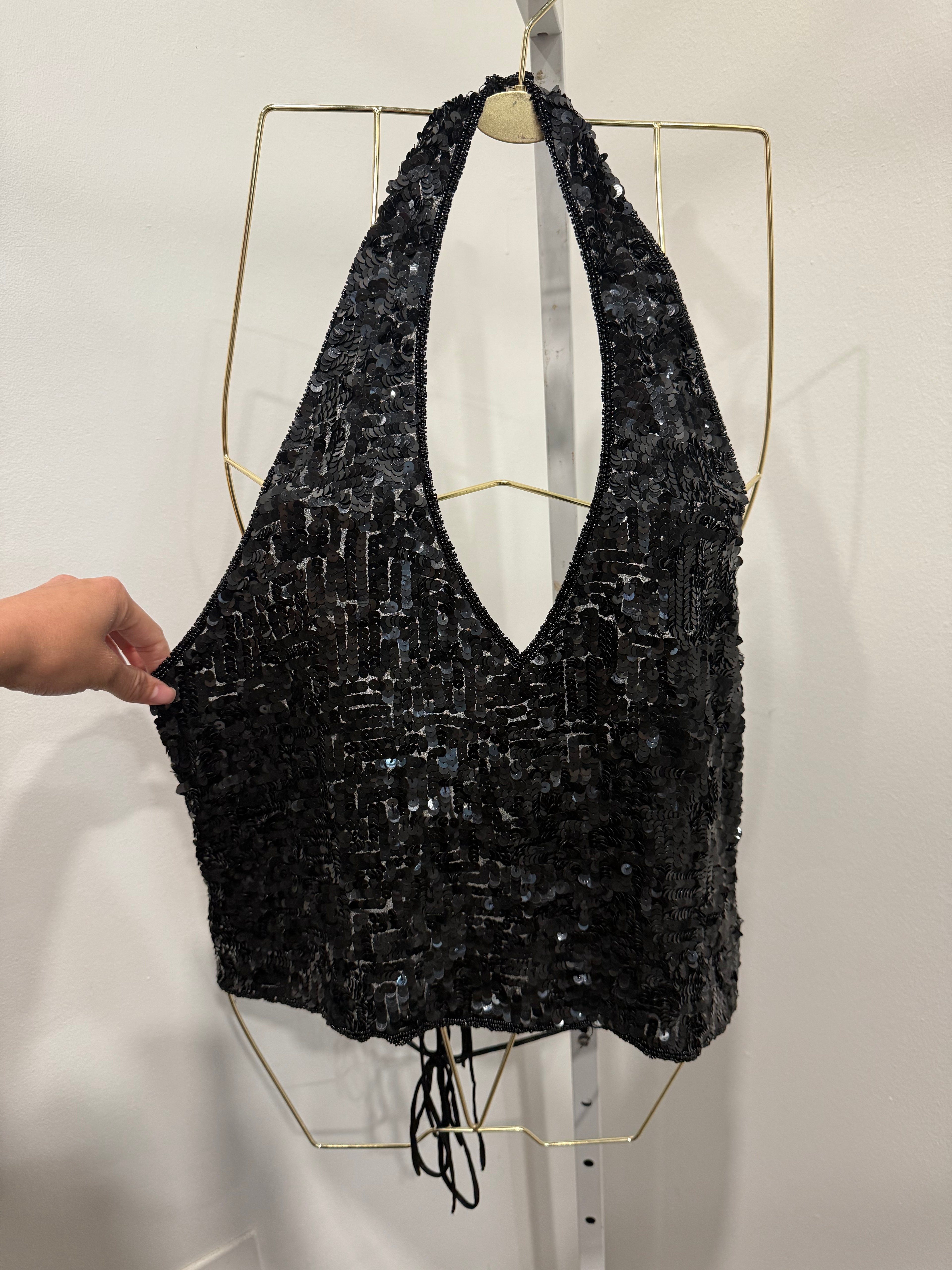 Black sequined halter top