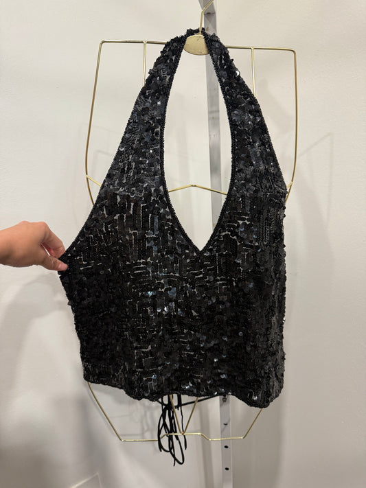 Black sequined halter top
