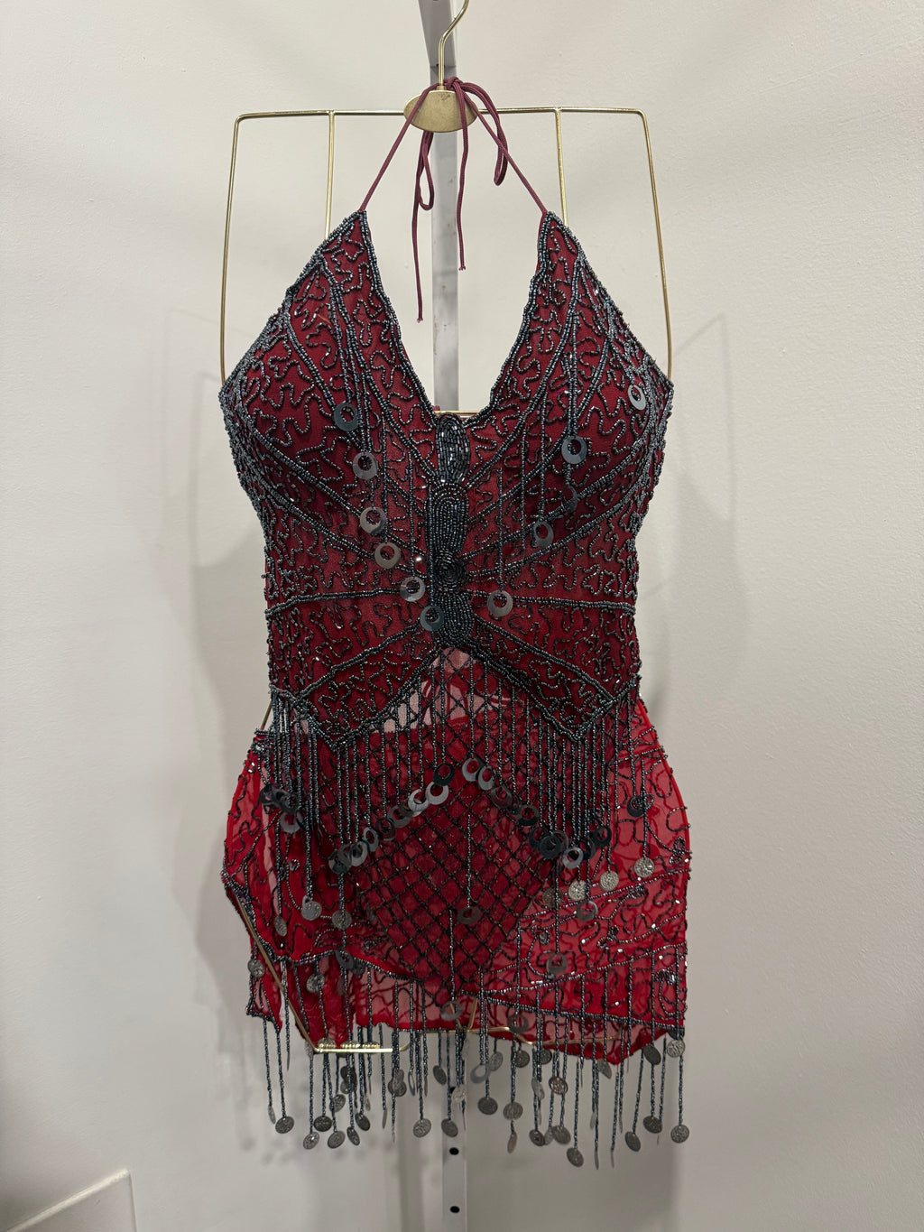 Red beaded top&belt set asis