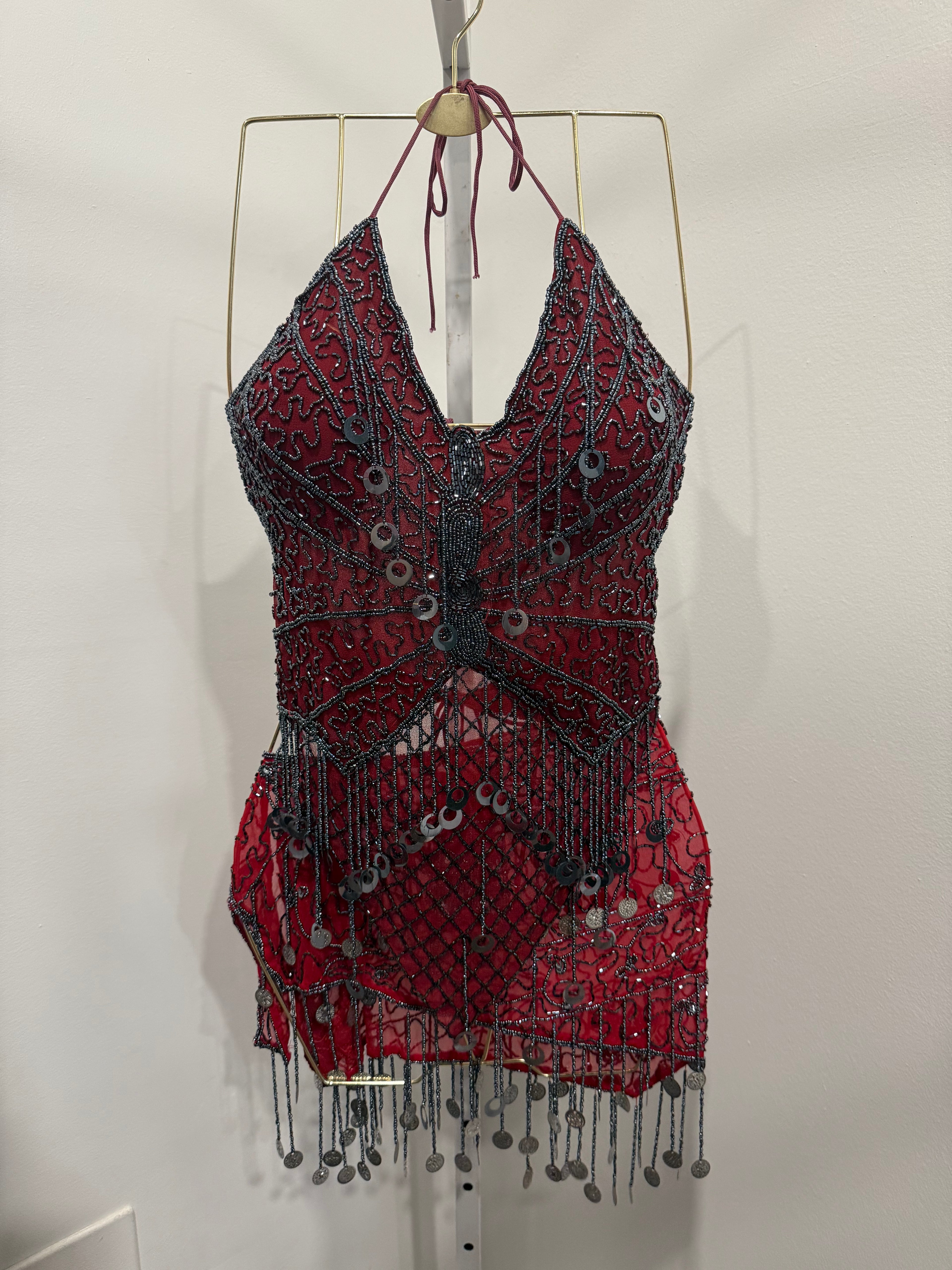 Red beaded top&belt set asis