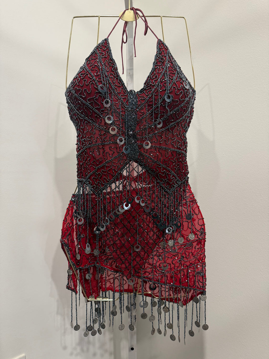 Red beaded top&belt set asis
