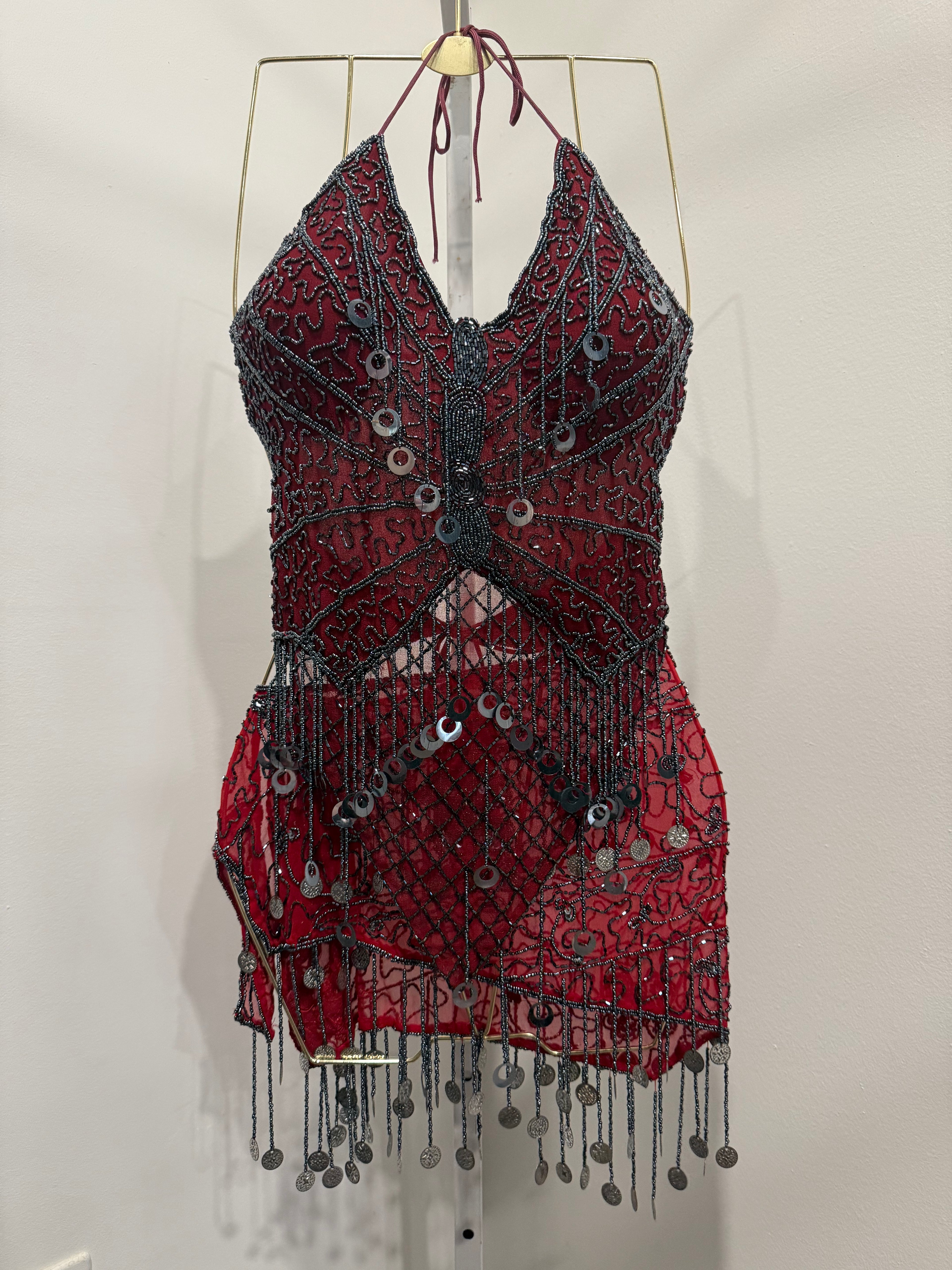 Red beaded top&belt set asis
