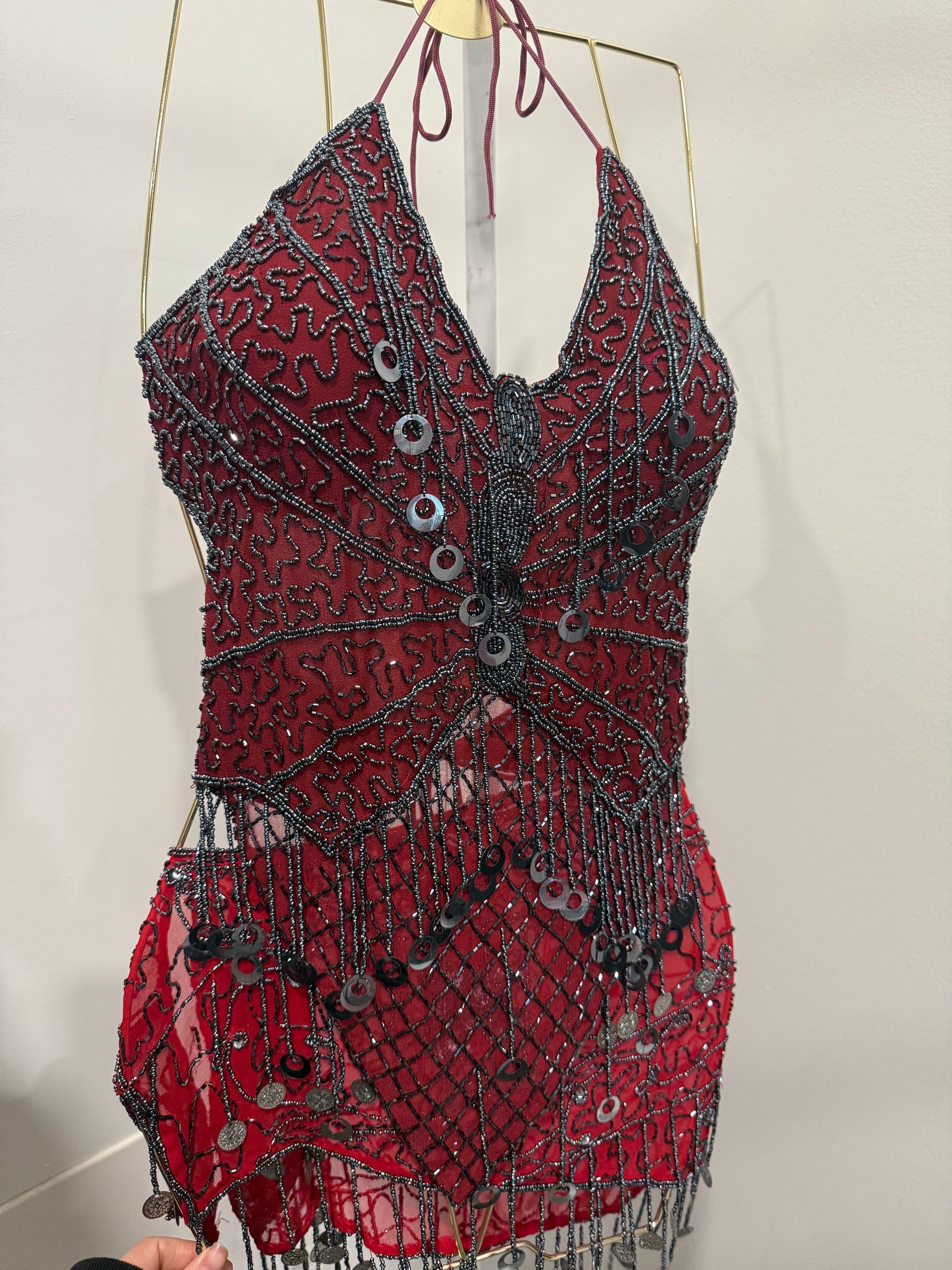 Red beaded top&belt set asis